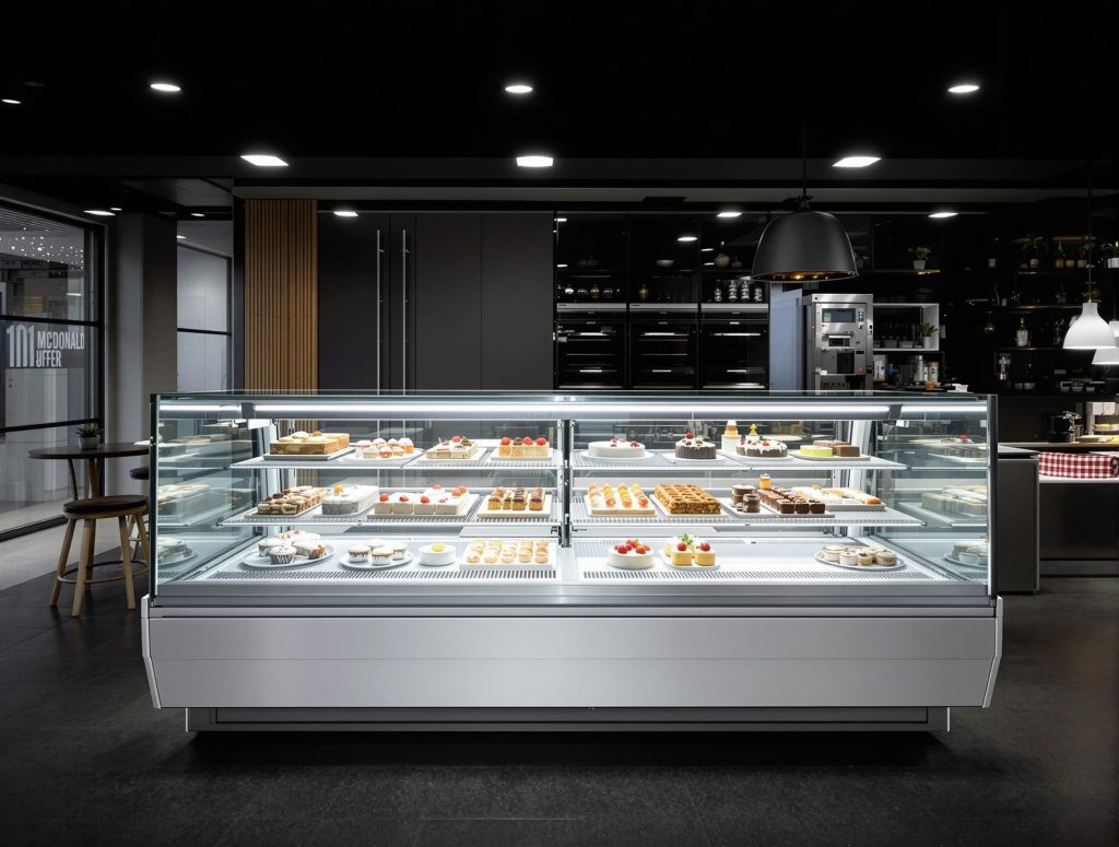 Xinya cake showcase in a stylish dessert shop scene, AI-generated for marketing visual