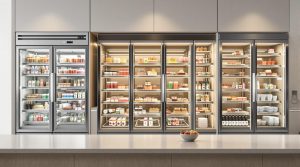 AI-generated bakery interior featuring Xinya curved-glass cake showcase filled with desserts and pastries