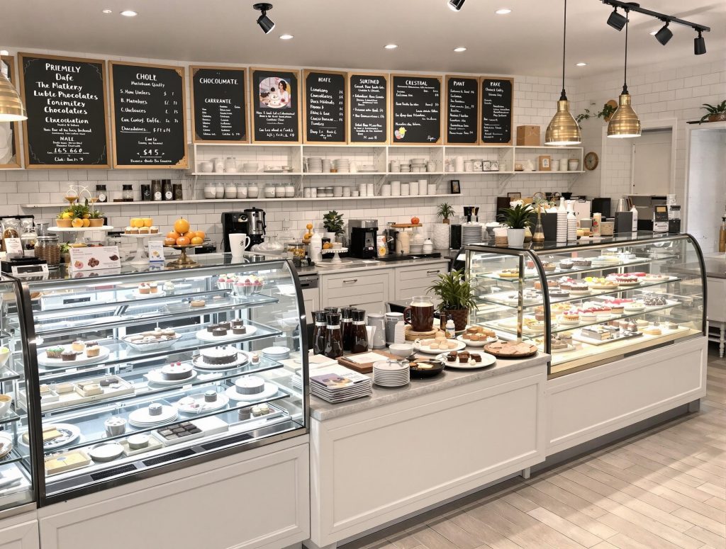 Modern cake showcase displayed in a stylish bakery interior, featuring curved glass and LED lighting