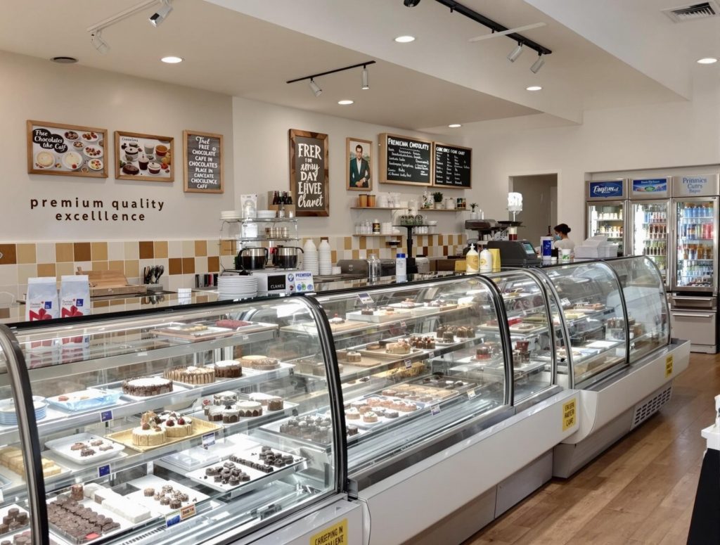 AI-rendered bakery counter with stainless steel base cake fridge, ideal for cakes, drinks, and desserts