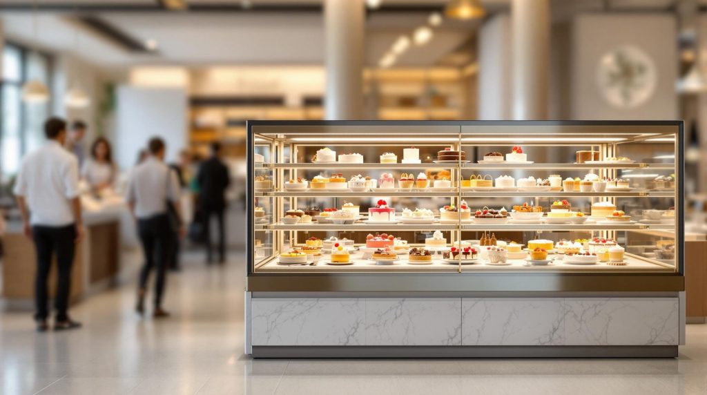 Xinya bakery cabinet featured in a European-style dessert shop, AI-rendered for web use
