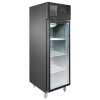 Black color 4-tier glass door display cabinet stand, Stainless steel on surface and insides. Fan cooling on the top inside