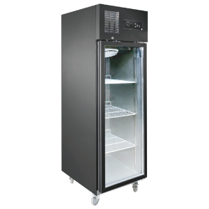 Black color 4-tier glass door display cabinet stand, Stainless steel on surface and insides. Fan cooling on the top inside