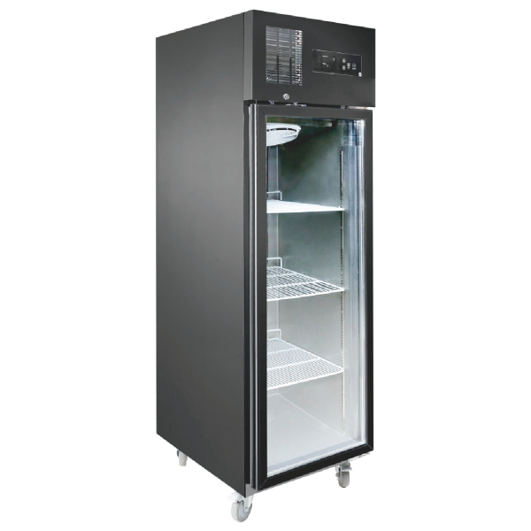Black color 4-tier glass door display cabinet stand, Stainless steel on surface and insides. Fan cooling on the top inside