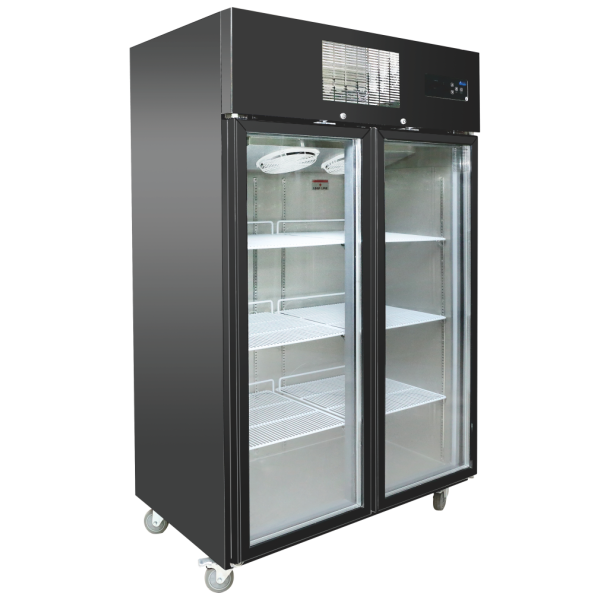black dual glass door display refrigerator with stand for cold drinks and food