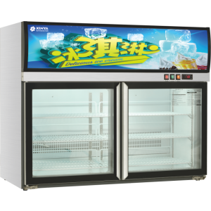 commercial ice cream cabinet with electronic temperature control, sliding triple tempered glass doors, and top light box
