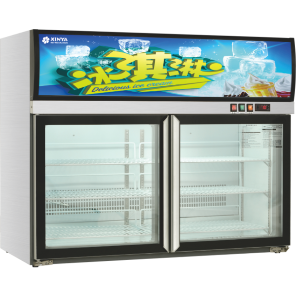 commercial ice cream cabinet with electronic temperature control, sliding triple tempered glass doors, and top light box