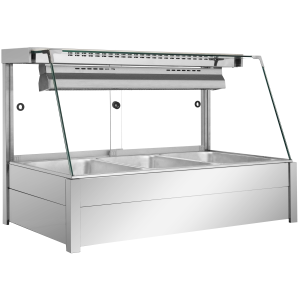 Trapezoid tempered glass soup display heating cabinet with 304 stainless steel base and temperature controller