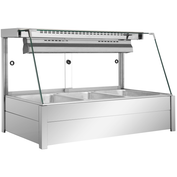 Trapezoid tempered glass soup display heating cabinet with 304 stainless steel base and temperature controller