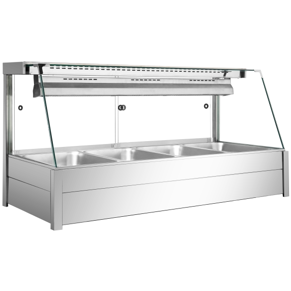 Trapezoid tempered glass soup display heating cabinet with 304 stainless steel base and temperature controller