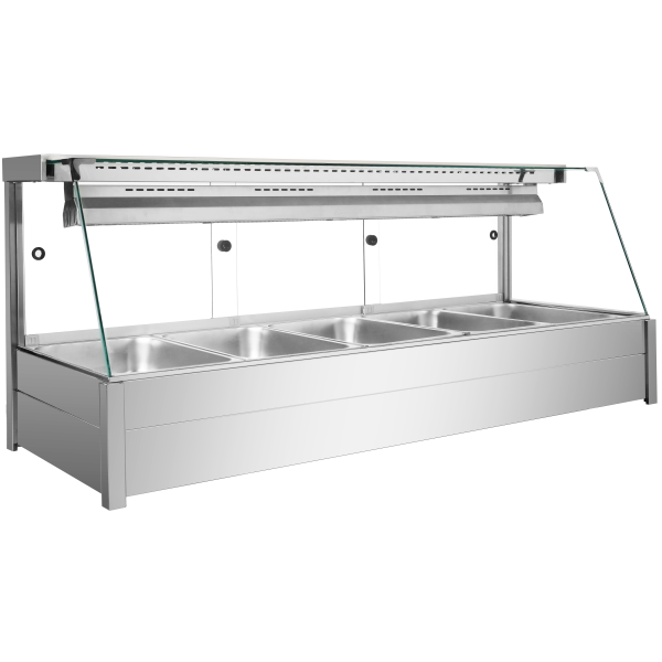 Trapezoid tempered glass soup display heating cabinet with 304 stainless steel base and temperature controller