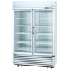 White double-glass-door beverage display chiller with 5-tier shelves, ideal for restaurants and stores