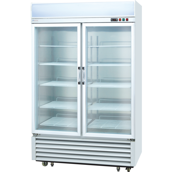 White double-glass-door beverage display chiller with 5-tier shelves, ideal for restaurants and stores