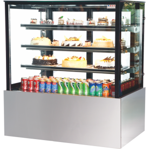Straight glass cake showcase refrigerator displaying cakes and drinks on multiple shelves, ideal for bakeries and cafes.