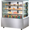 Square glass cake showcase fridge with stainless steel base, perfect for displaying cakes and drinks.