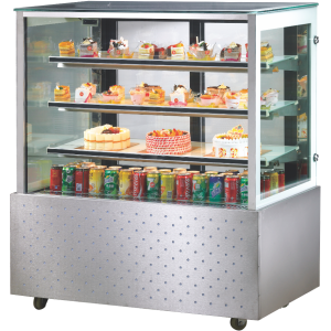 Square glass cake showcase fridge with stainless steel base, perfect for displaying cakes and drinks.