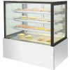 Square glass bakery display fridge showcasing pastries and desserts, ideal for cafes and bakeries.