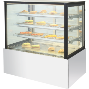 Square glass bakery display fridge showcasing pastries and desserts, ideal for cafes and bakeries.