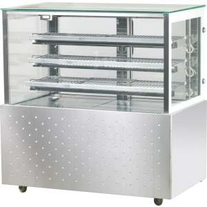 Stainless steel base with square glass design, this fridge is ideal for bakeries and cafes to showcase pastries, desserts.