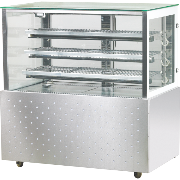 Stainless steel base with square glass design, this fridge is ideal for bakeries and cafes to showcase pastries, desserts.
