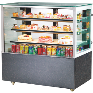 Square glass bakery display fridge with black base, showcasing cakes, pastries, and beverages for cafes and dessert shops.