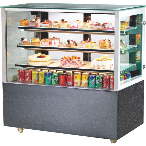 Square glass bakery display fridge with black base, showcasing cakes, pastries, and beverages for cafes and dessert shops.
