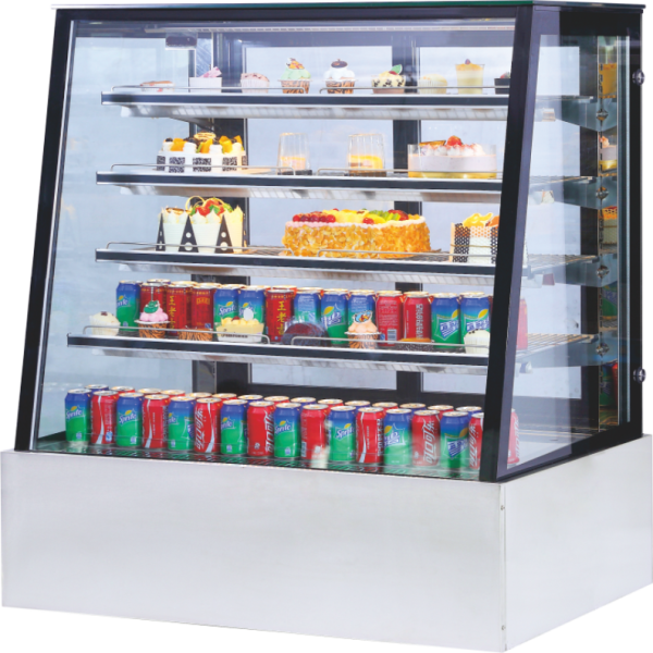 Triangle-shaped refrigerated showcase for cakes, desserts, and beverages, perfect for cafes and restaurants.