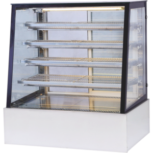 Vertical refrigerated display cabinet for pastries, sandwiches, and drinks, suitable for bakeries and delis.