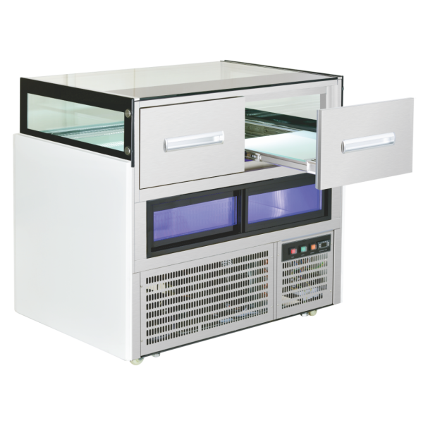chocolate display showcase with marble top, white body, transparent glass and two rear drawers for access