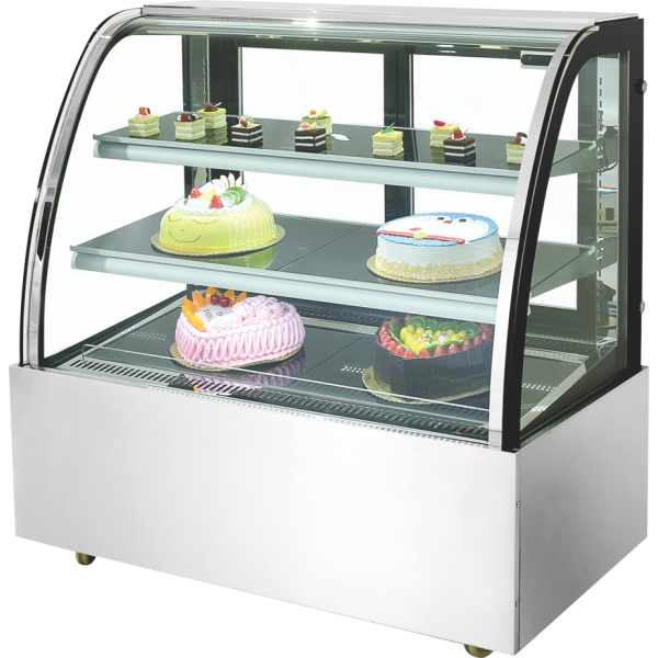 Modern glass display fridge with a durable stainless steel base, perfect for showcasing cakes and beverages in bakeries.