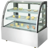 Curved-glass bakery fridge displaying pastries, sandwiches, and desserts, ideal for bakeries and cafes