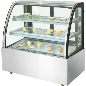 Curved-glass bakery fridge displaying pastries, sandwiches, and desserts, ideal for bakeries and cafes