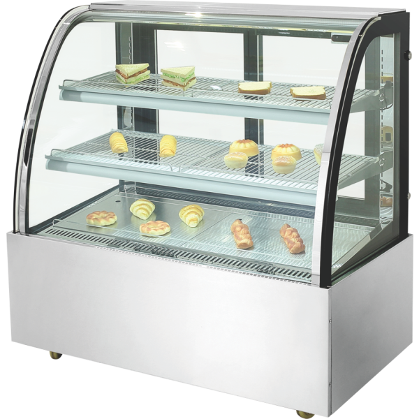 Curved-glass bakery fridge displaying pastries, sandwiches, and desserts, ideal for bakeries and cafes