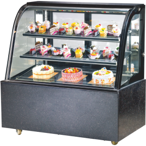 Black curved glass display fridge showcasing cakes and desserts, perfect for bakeries, cafes, and pastry shops.