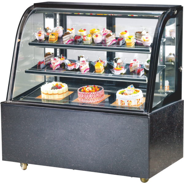Black curved glass display fridge showcasing cakes and desserts, perfect for bakeries, cafes, and pastry shops.