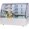 Dual-zone curved glass display fridge for cakes, desserts, and beverages, perfect for cafés and bakeries.