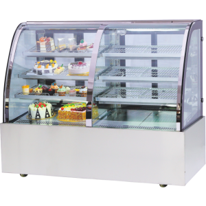 Dual-zone curved glass display fridge for cakes, desserts, and beverages, perfect for cafés and bakeries.