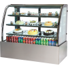 Curved glass cake showcase refrigerator with shelves for displaying cakes and drinks, ideal for bakeries and cafes