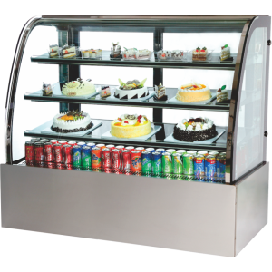 Curved glass cake showcase refrigerator with shelves for displaying cakes and drinks, ideal for bakeries and cafes