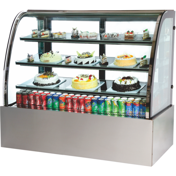 Curved glass cake showcase refrigerator with shelves for displaying cakes and drinks, ideal for bakeries and cafes