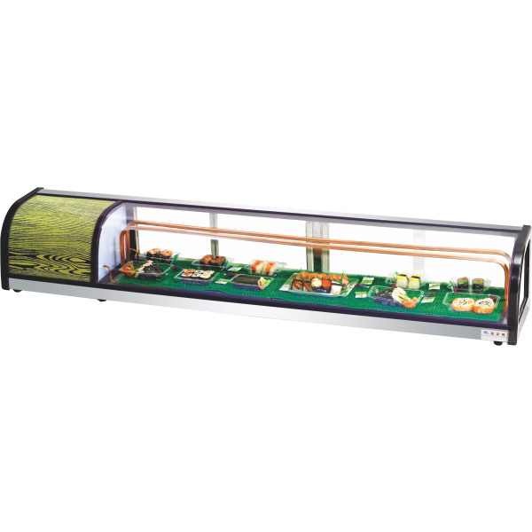 Long countertop sushi and sashimi display cabinet for Japanese restaurants and buffet use