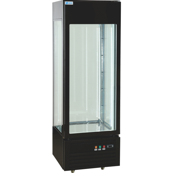 single door flower display cabinet with four-sided tempered glass, bottom control panel and wheels