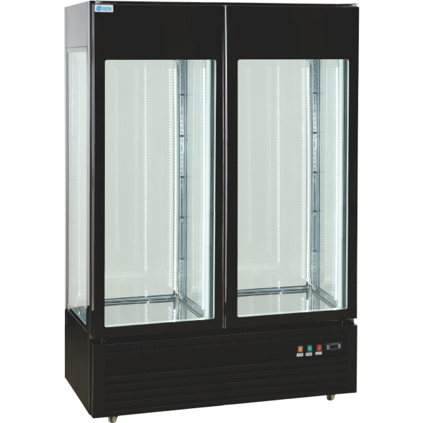 black flower display refrigerator with two doors, automatic defogging and transparent glass on four sides