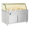 Glass PG food warming cabinet with bottom wheels, ideal for restaurants, hotels, and banquet halls