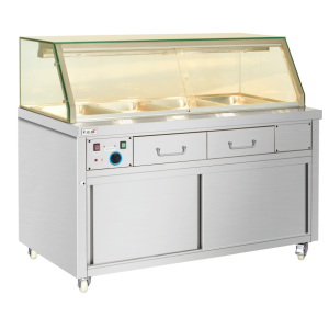 Glass PG food warming cabinet with bottom wheels, ideal for restaurants, hotels, and banquet halls