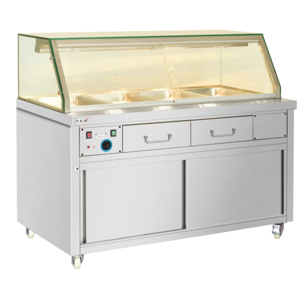 Glass PG food warming cabinet with bottom wheels, ideal for restaurants, hotels, and banquet halls