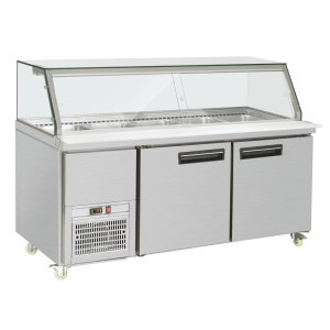 Two-door refrigerated PG food display cabinet, ideal for restaurants, hotels, and dessert shops
