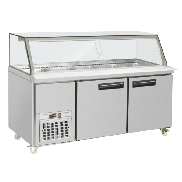 Two-door refrigerated PG food display cabinet, ideal for restaurants, hotels, and dessert shops