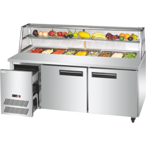 Refrigerated pizza display cabinet with front shelf and removable cooling unit, ideal for pizza, salads, and cold dishes