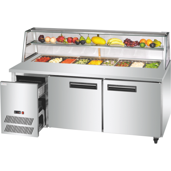 Refrigerated pizza display cabinet with front shelf and removable cooling unit, ideal for pizza, salads, and cold dishes
